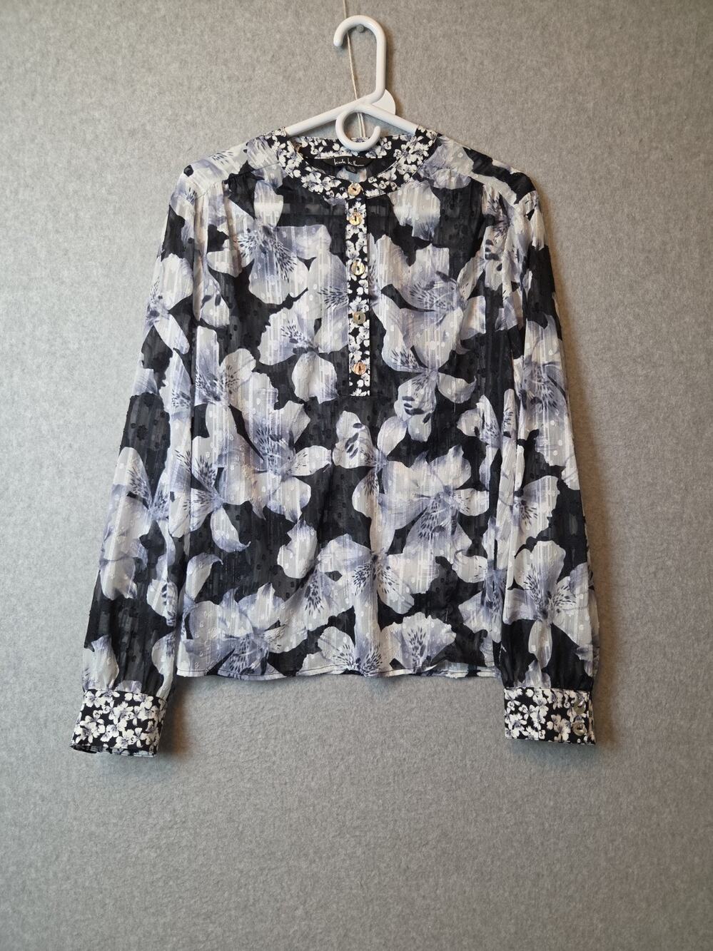 Nicole Miller Black White Floral Silver Striped LS Semi Sheer Blouse Women's XL